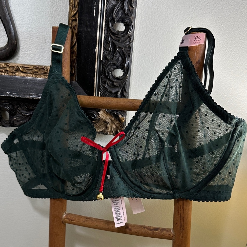 Victoria's Secret Very Sexy Unlined Demi Bra Dark Green Sheer Bra W/Red Bow 38 D